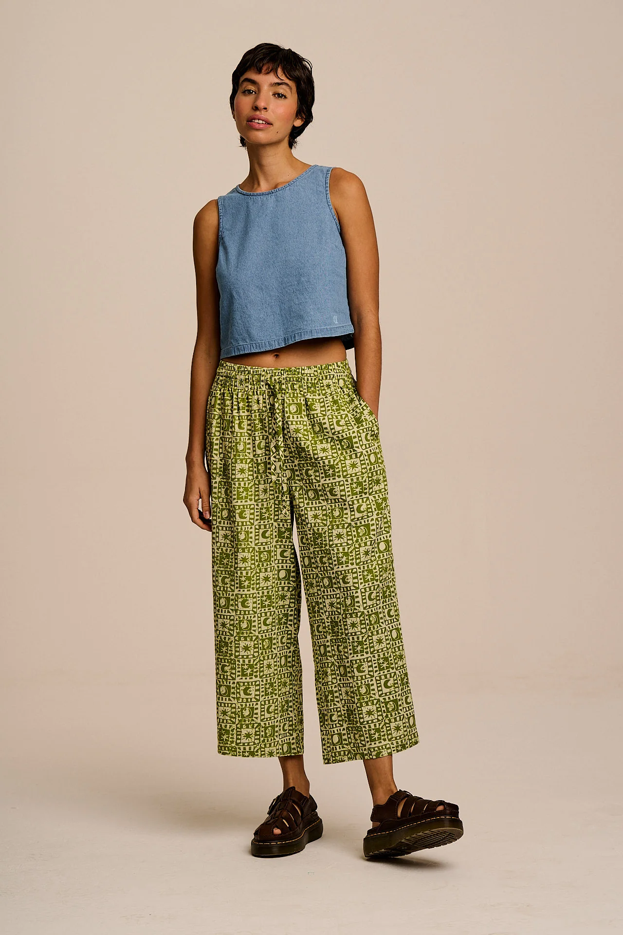 Lucy and Yak clothing reviewed by fit range, fabric, and wardrobe use - Lucy and Yak Chuck - Wide Leg Cotton Trousers in Green Celestial Checkerboard
