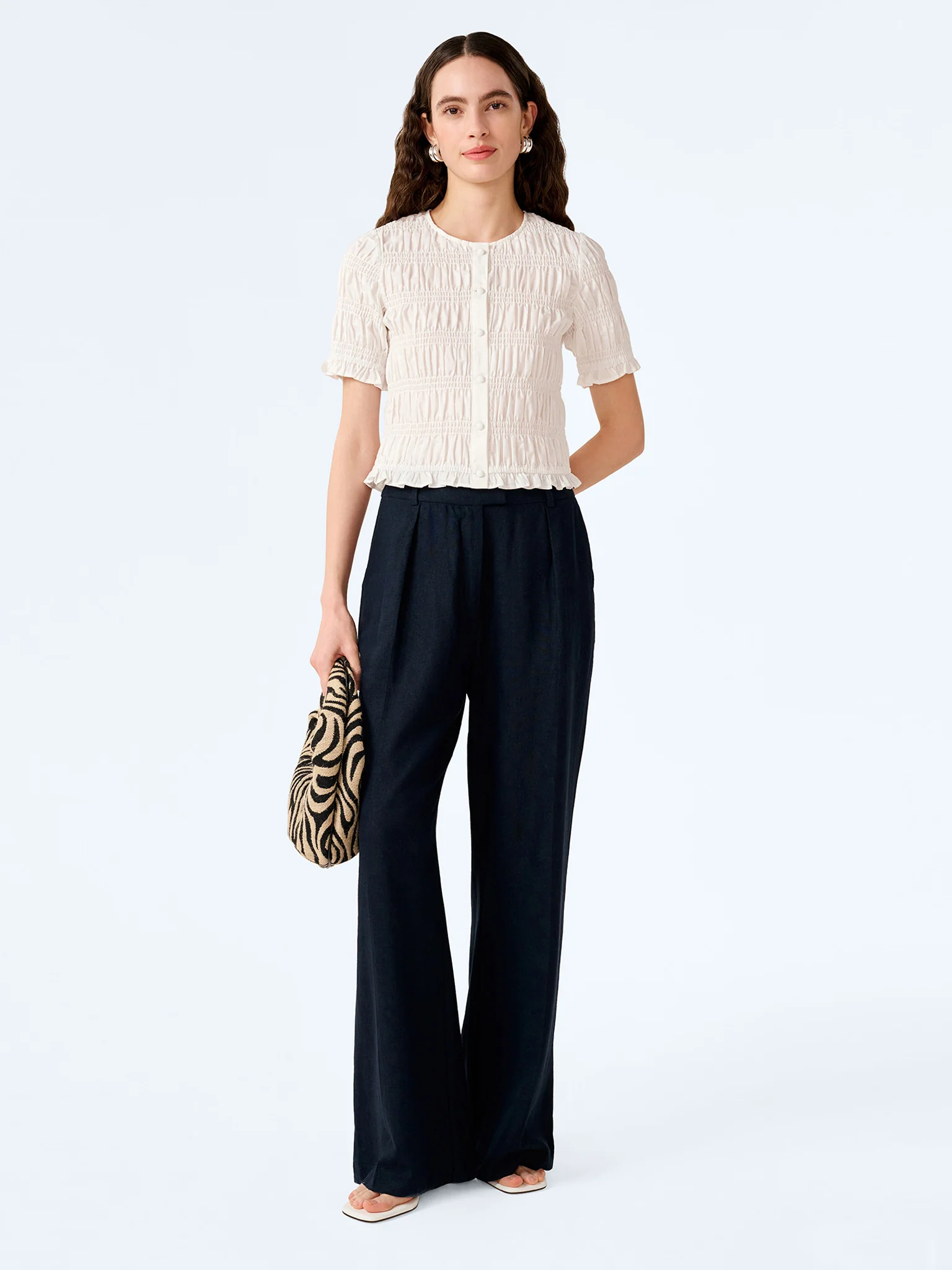 OMNES navy wide-leg trouser used to compare cleaner office-friendly drape